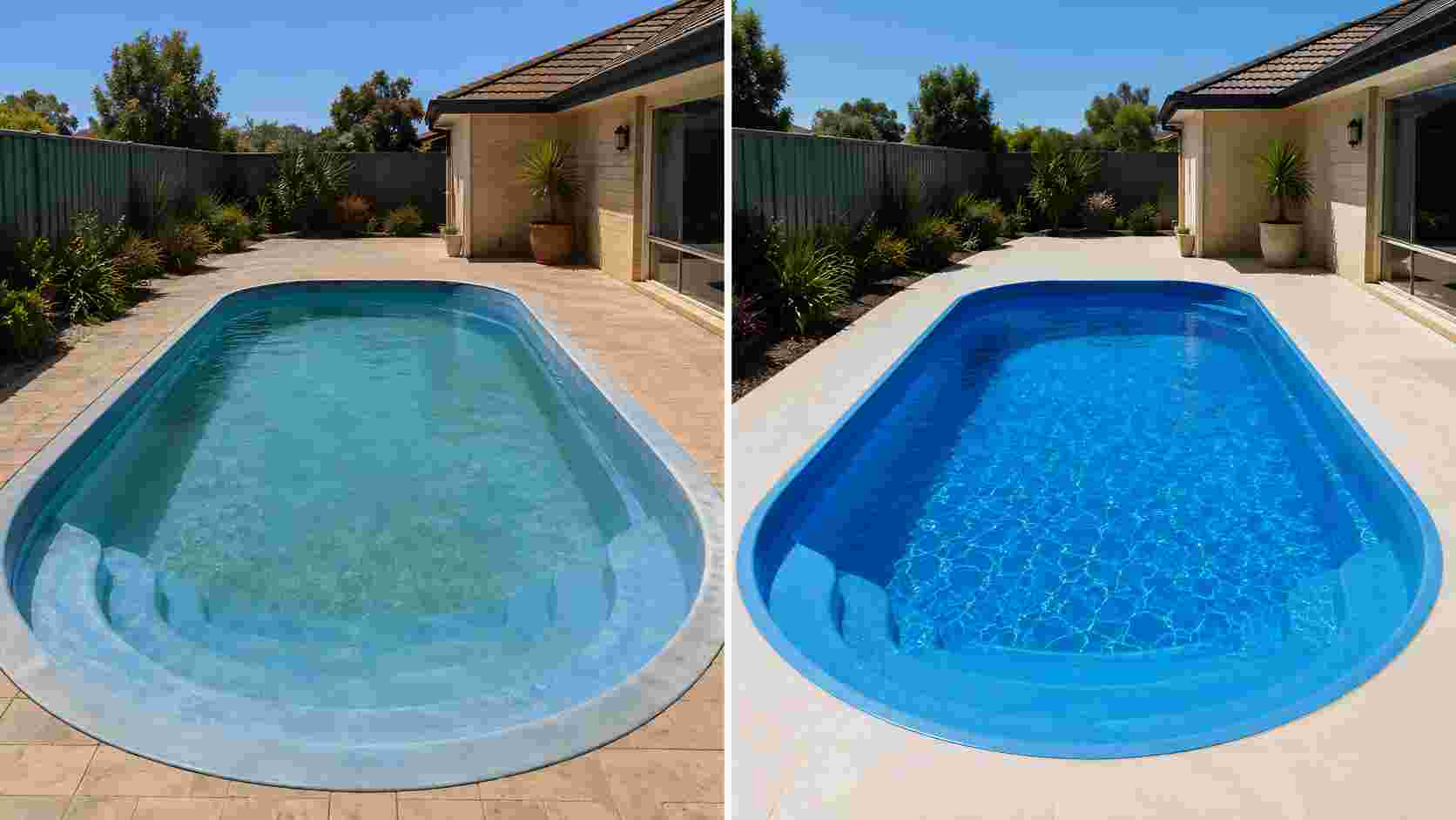 Faded chalky fibreglass pool surface before restoration in Perth.